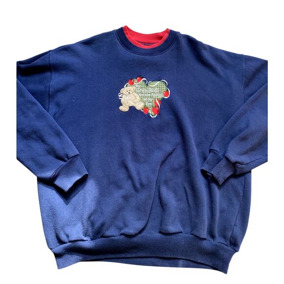 Vintage 1990s Embroidered Grandma Teddy Bear Crewneck Sweater Cotton Large Cozy - Picture 1 of 4